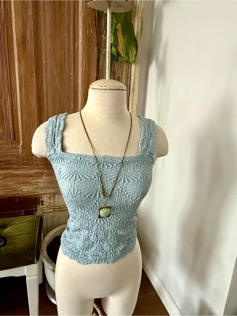 Free People Light Blue Textured Square-Neck Women’s Tank Top